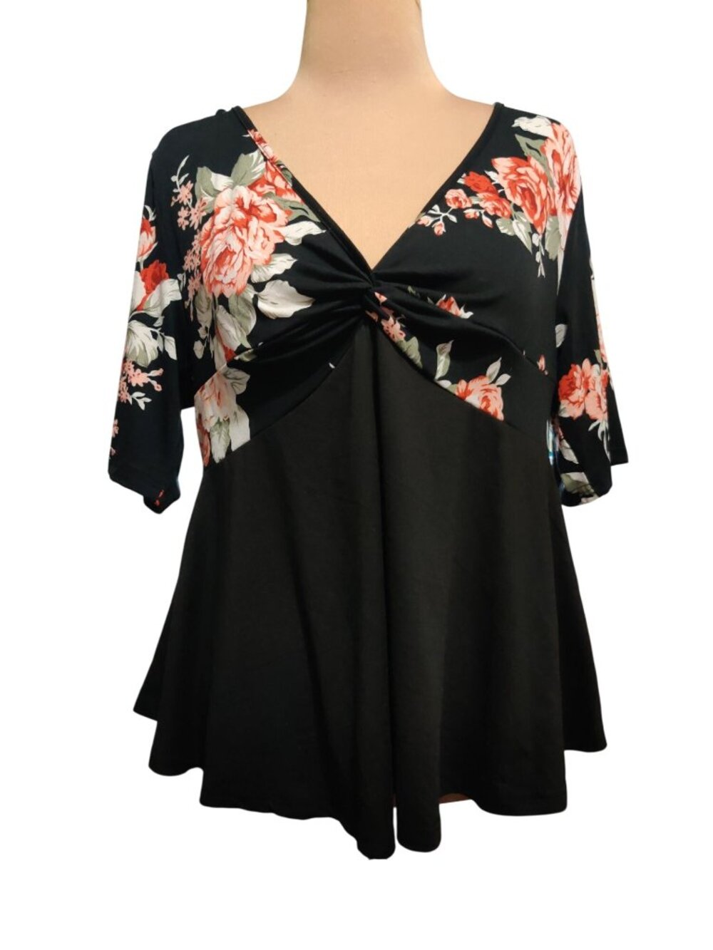 SHEIN Curve Plus Size 1XL Top Black Floral Rose Twist Front Babydoll Peplum Chic